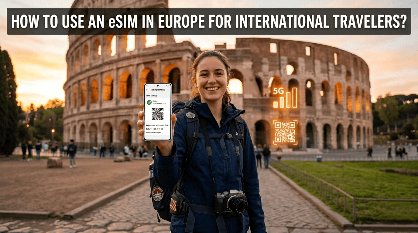 International traveler using eSIM for Europe connectivity with 5G signal